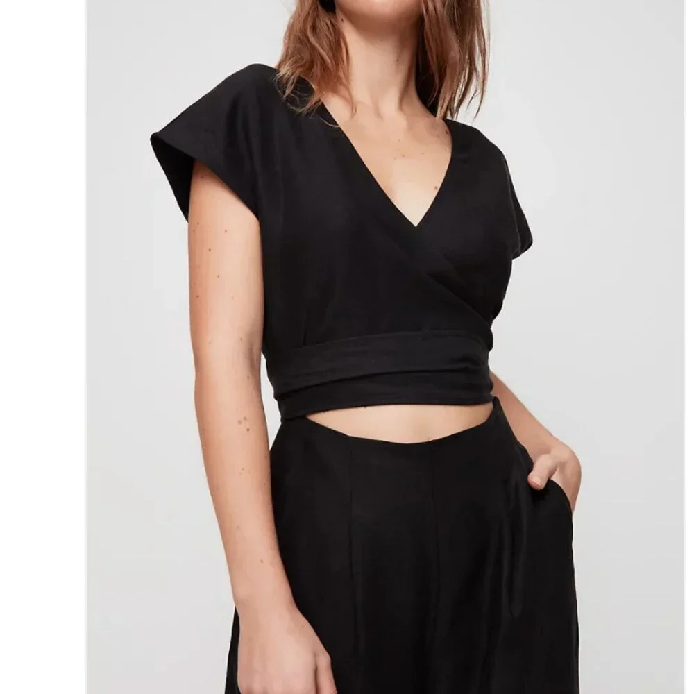 Aritzia Black Sleeveless Jumpsuit linen wide leg wrap top office casual neutral